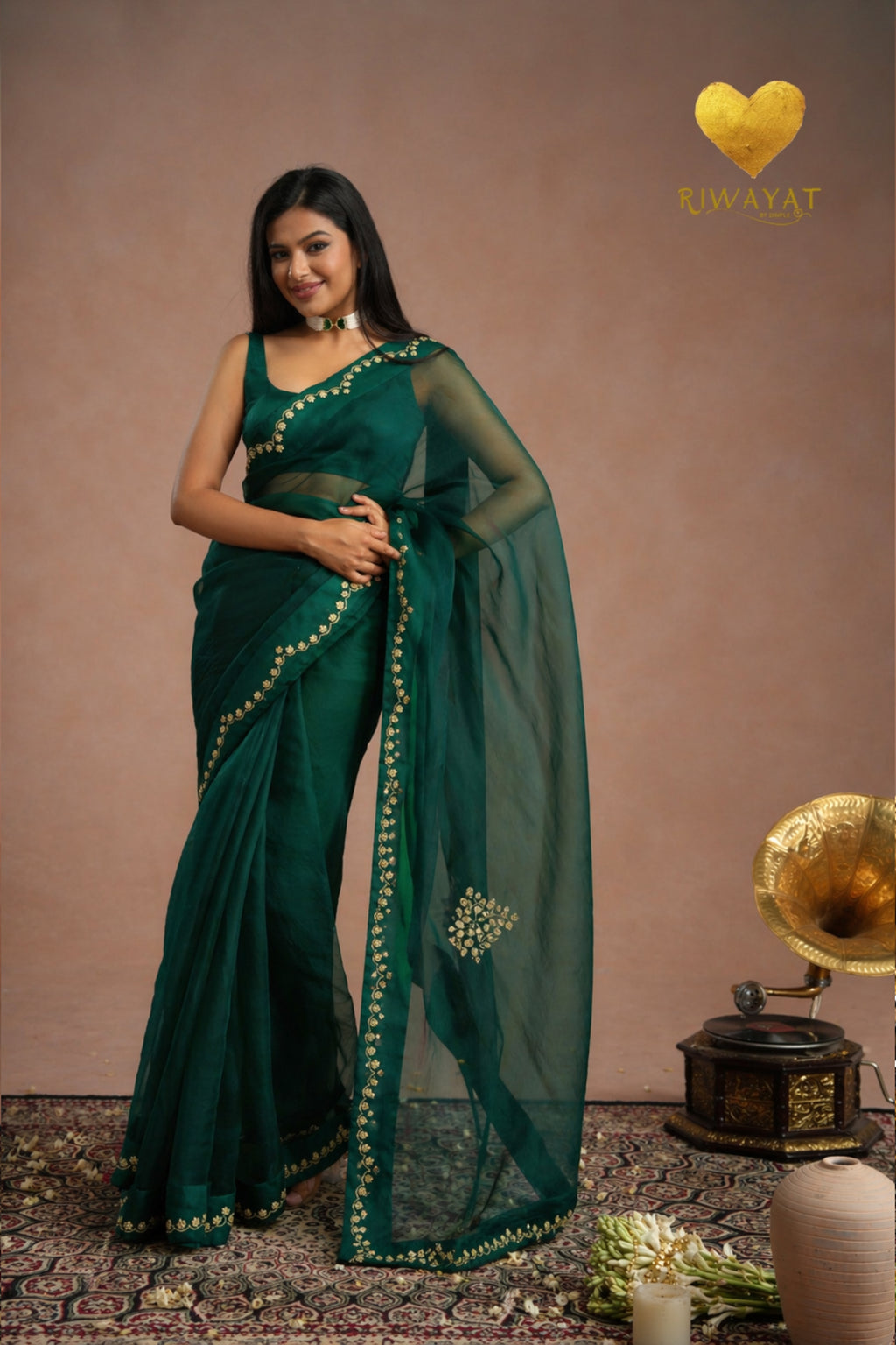 Emerald Green Zari Moti Embroidered Organza Saree
