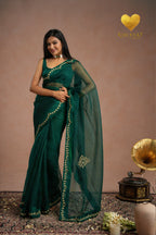 Emerald Green Zari Moti Embroidered Organza Saree