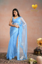 Baby Blue Zari Moti Embroidered Organza Saree