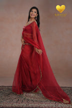 Deep Red Organza Saree With Golden Brown Cutdana Kashmiri Leaf Hand Embroidery
