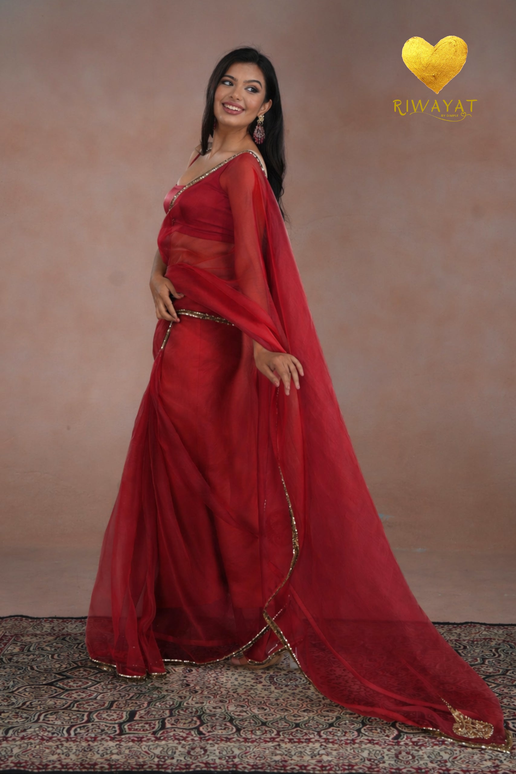 Deep Red Organza Saree With Golden Brown Cutdana Kashmiri Leaf Hand Embroidery