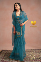 Teal Organza Saree With Golden Brown Cutdana Kashmiri Leaf Hand Embroidery