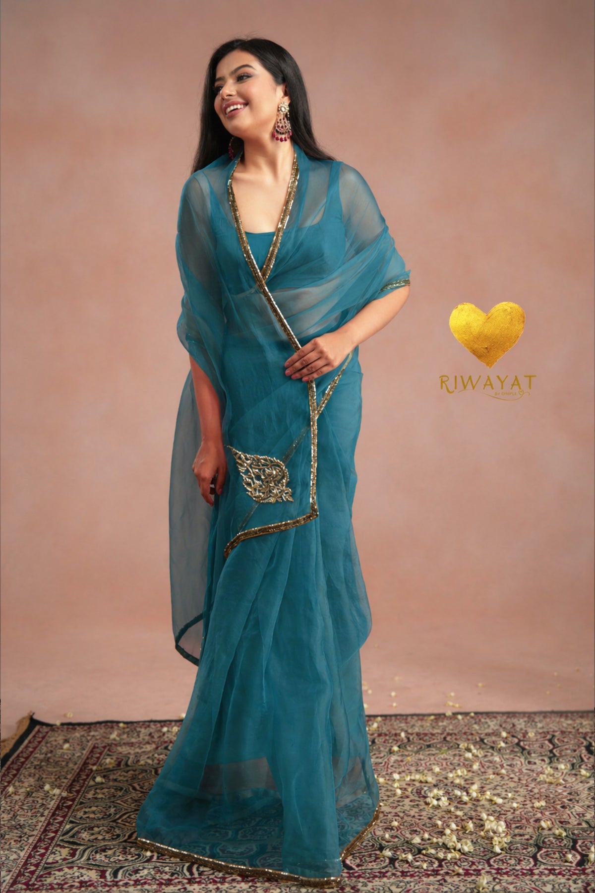 Teal Organza Saree With Golden Brown Cutdana Kashmiri Leaf Hand Embroidery