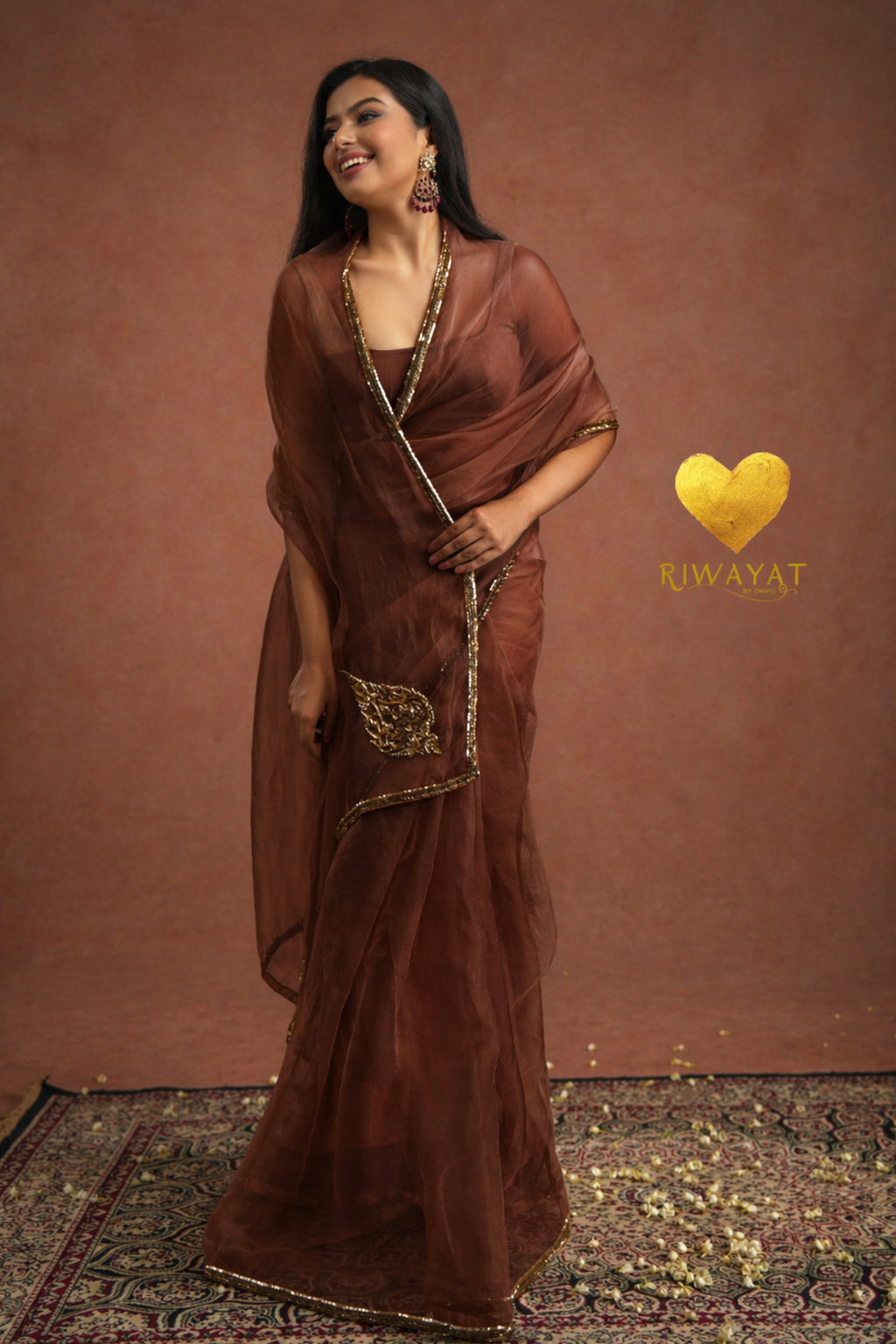 Coke Organza Saree With Golden Brown Cutdana Kashmiri Leaf Hand Embroidery
