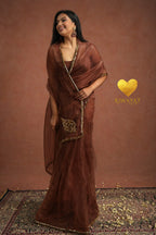 Coke Organza Saree With Golden Brown Cutdana Kashmiri Leaf Hand Embroidery