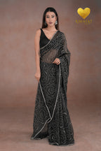 Black Organza Saree with Floral Swirl Embroidery