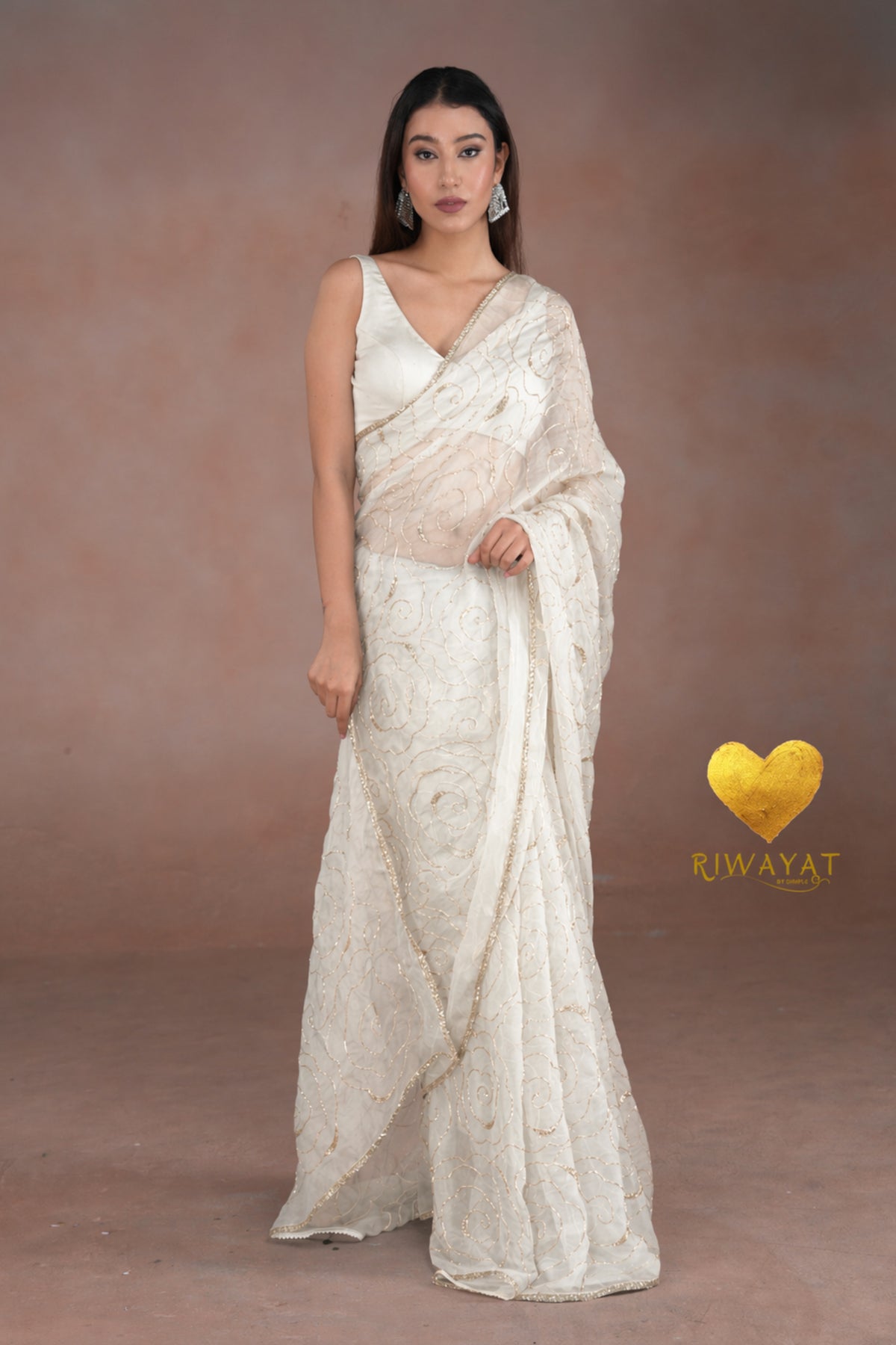Ice White Organza Saree with Floral Swirl Embroidery