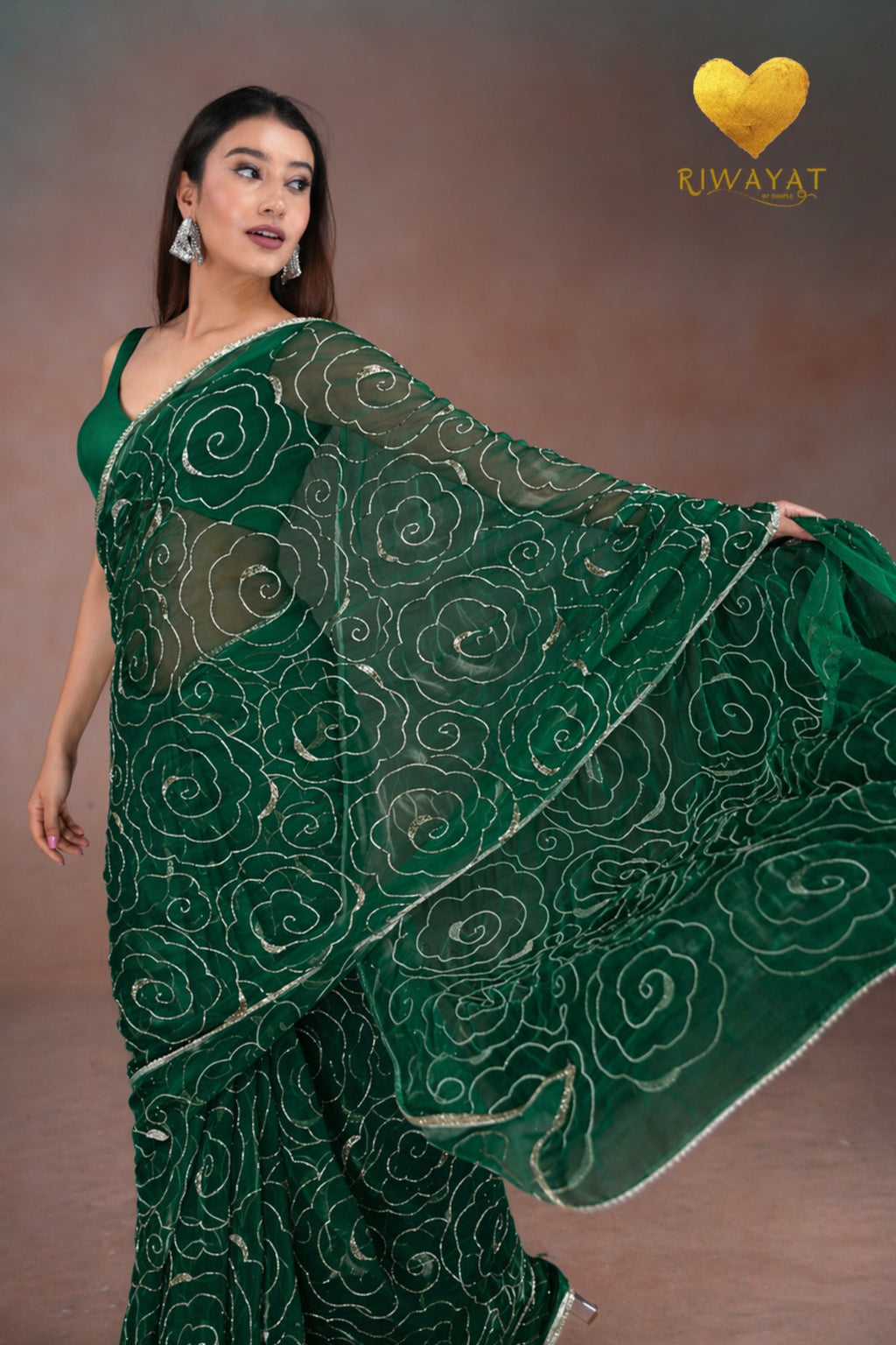 Emerald Green Organza Saree with Floral Swirl Embroidery