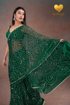 Emerald Green Organza Saree with Floral Swirl Embroidery