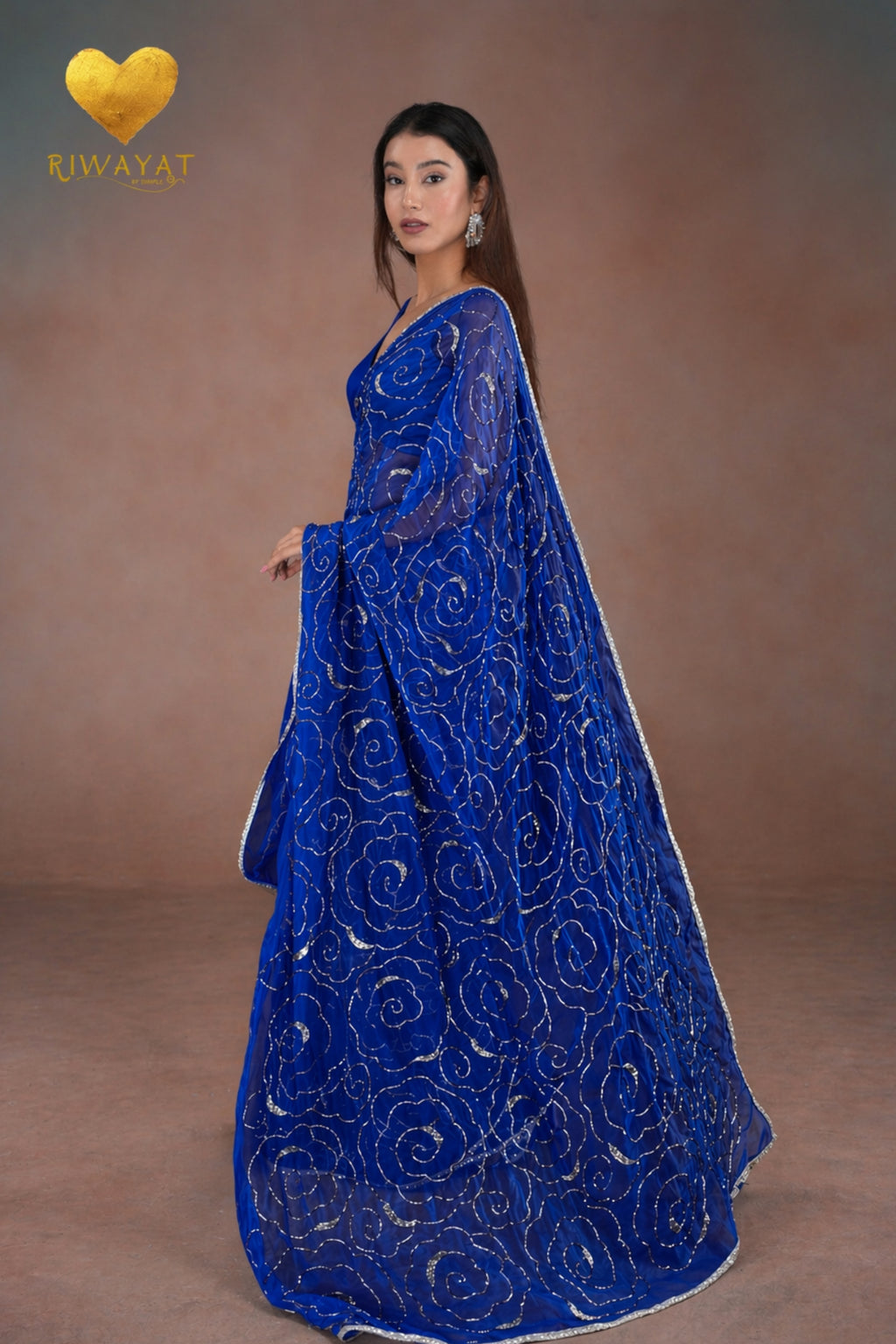 Royal Blue Organza Saree with Floral Swirl Embroidery