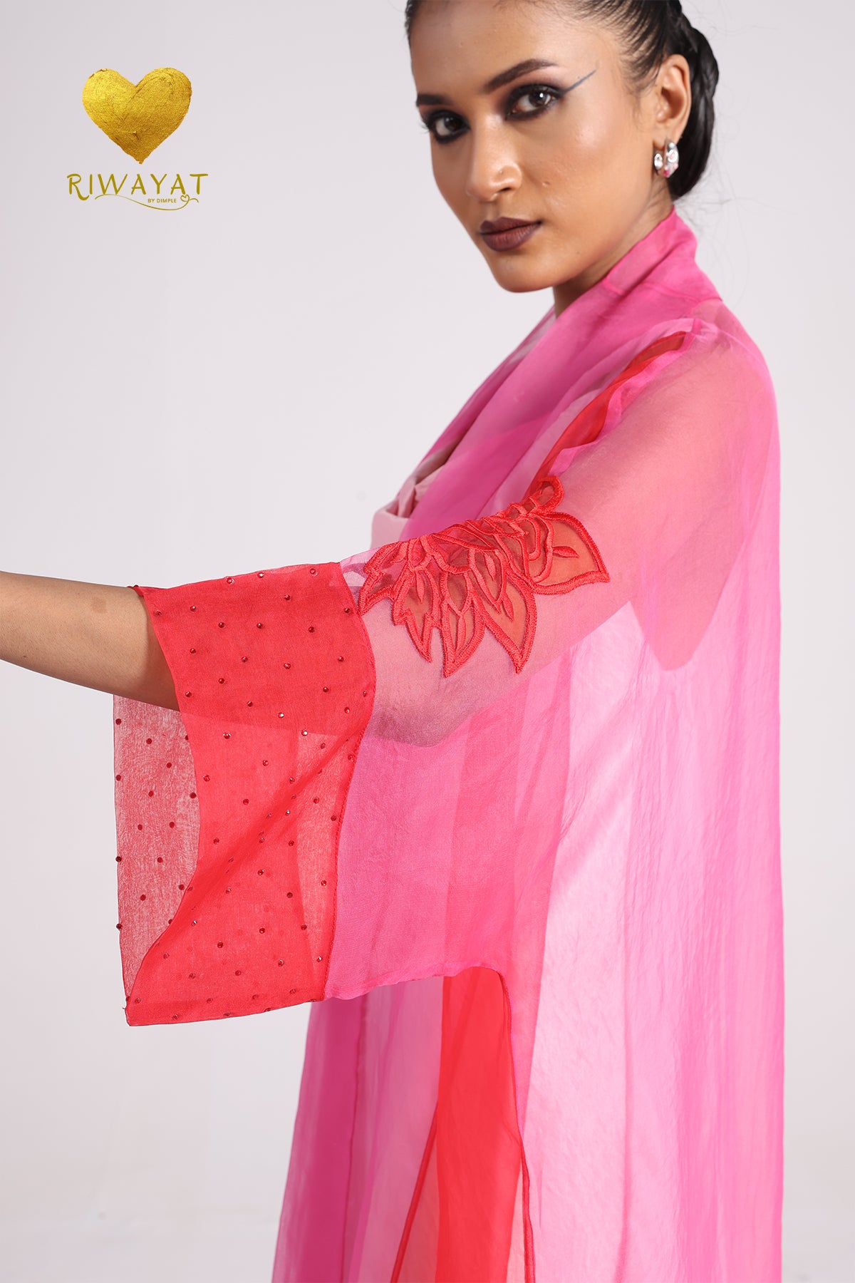 Yalla Habibi Blush Pink Dress with Pink & Red Sheer Jacket