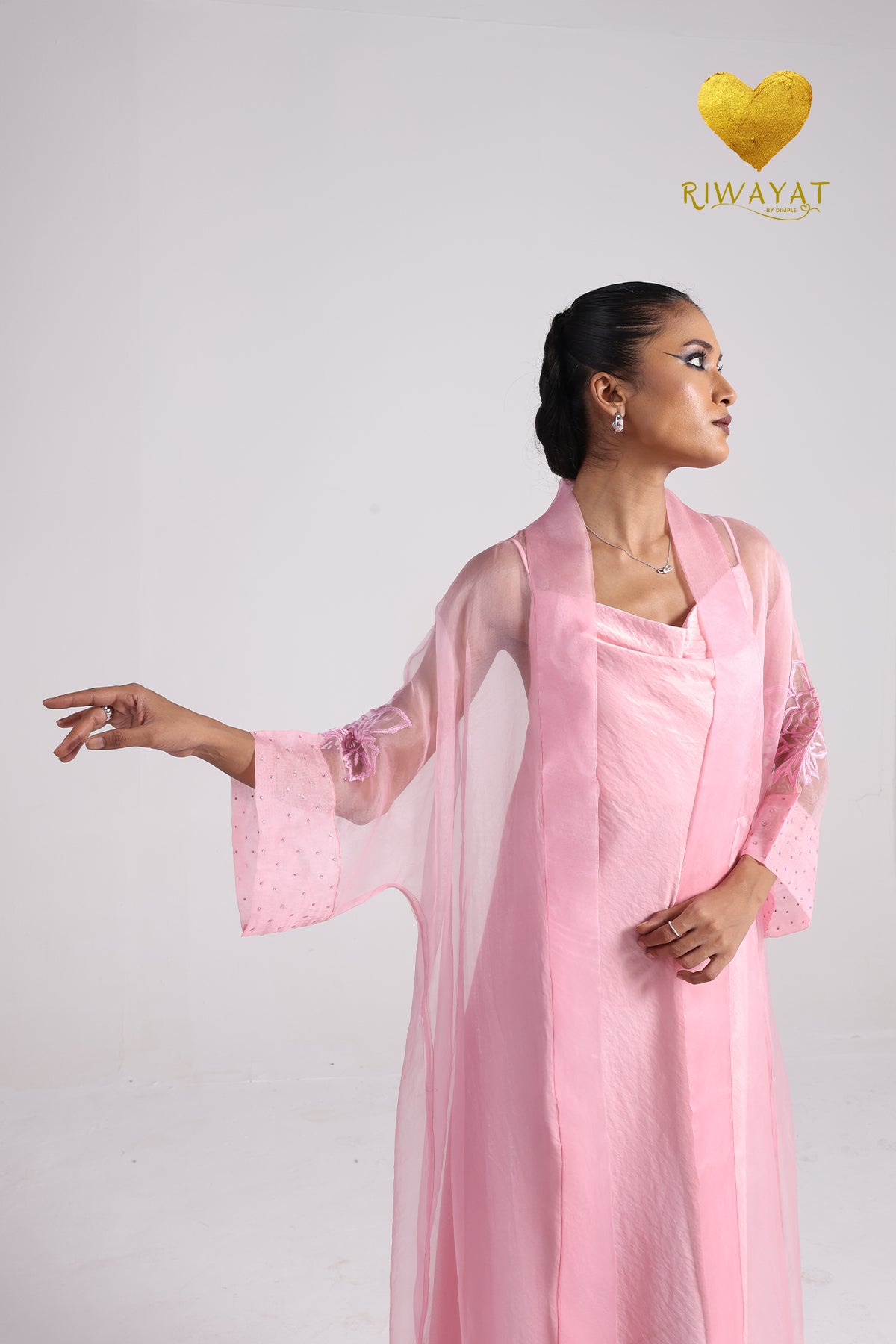 Yalla Habibi Blush Pink Dress with Floral Sheer Jacket