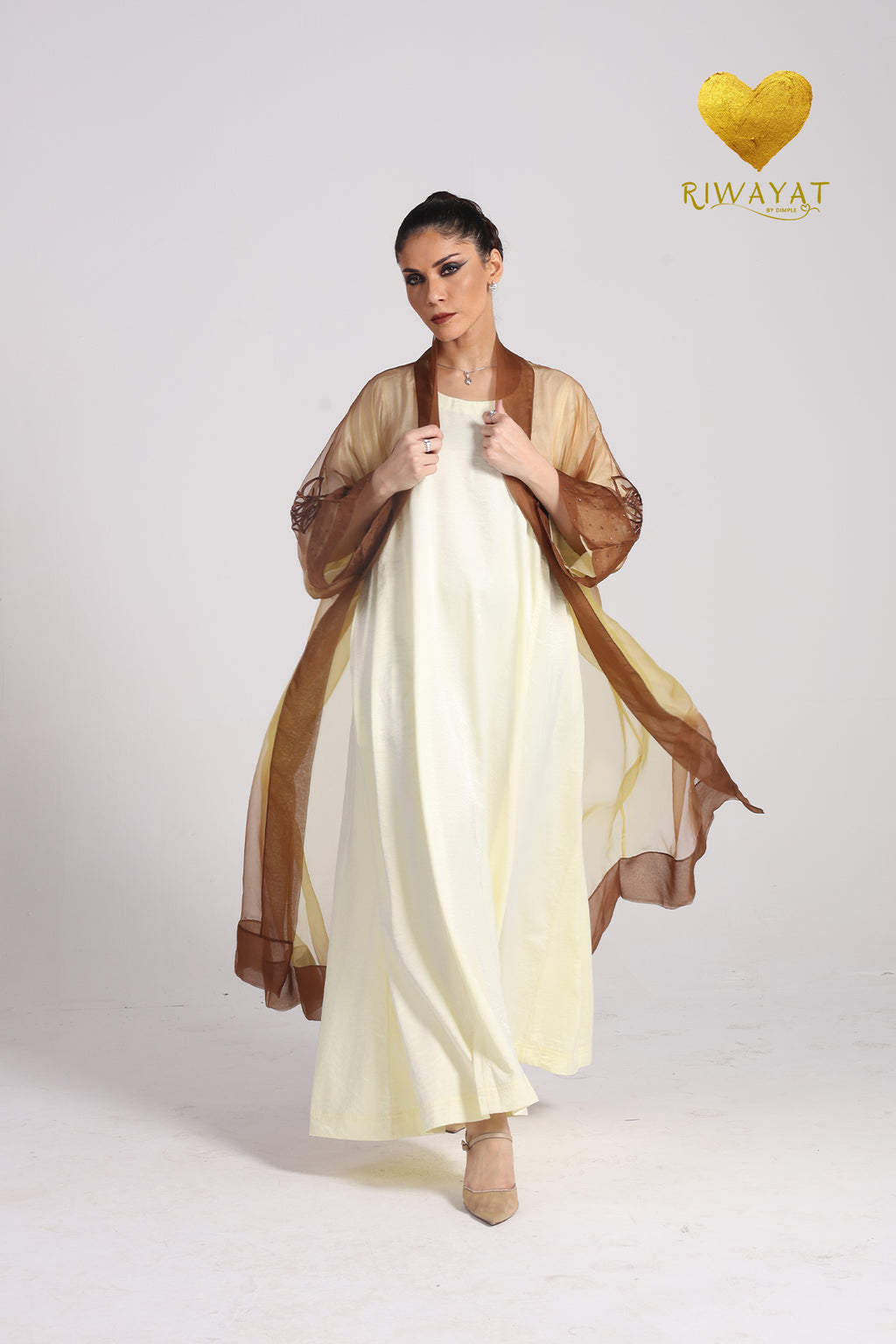 Yalla Habibi Pale Yellow Dress with Brown Floral Sheer Jacket