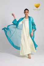 Yalla Habibi Ivory Dress with Teal Floral Sheer Jacket