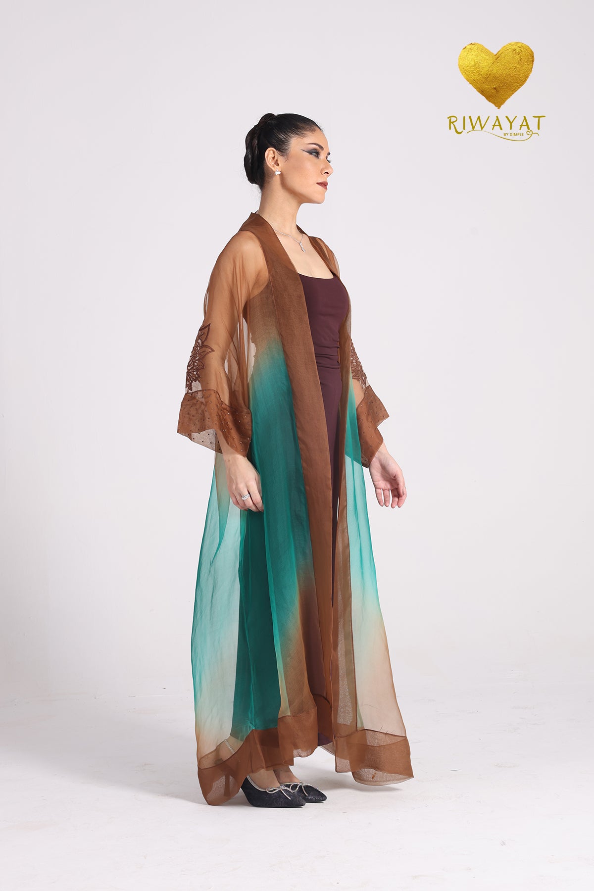 Yalla Habibi Burgundy Dress with Brown & Teal Ombré Jacket