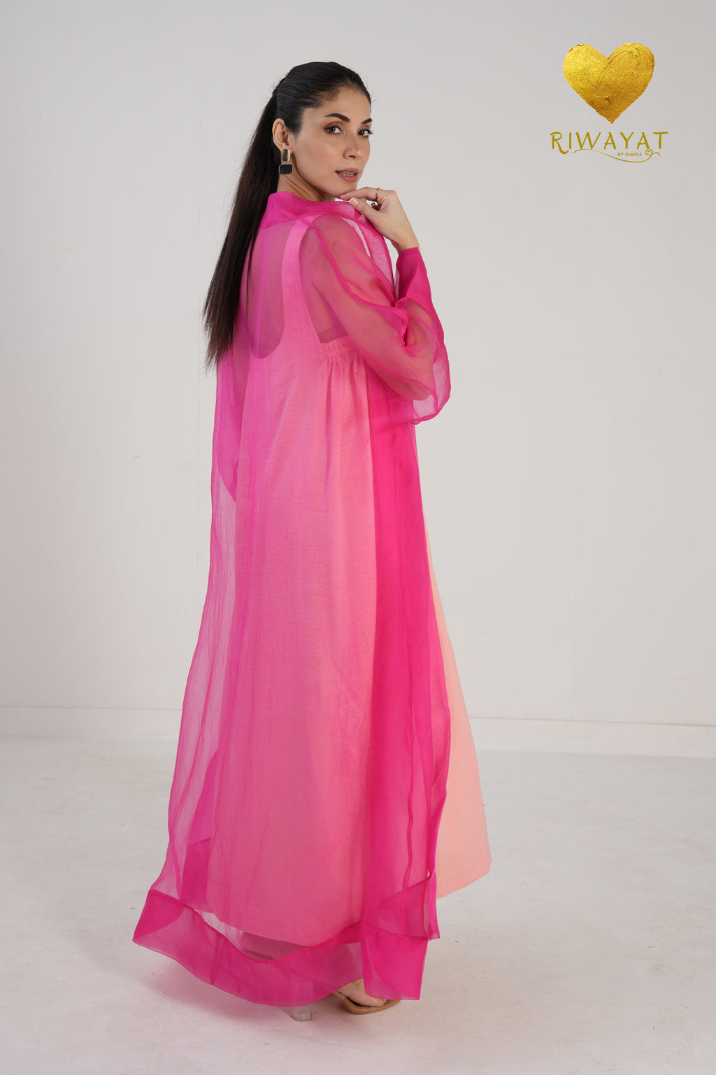 Yalla Habibi Peach Dress with Pink Sheer Jacket