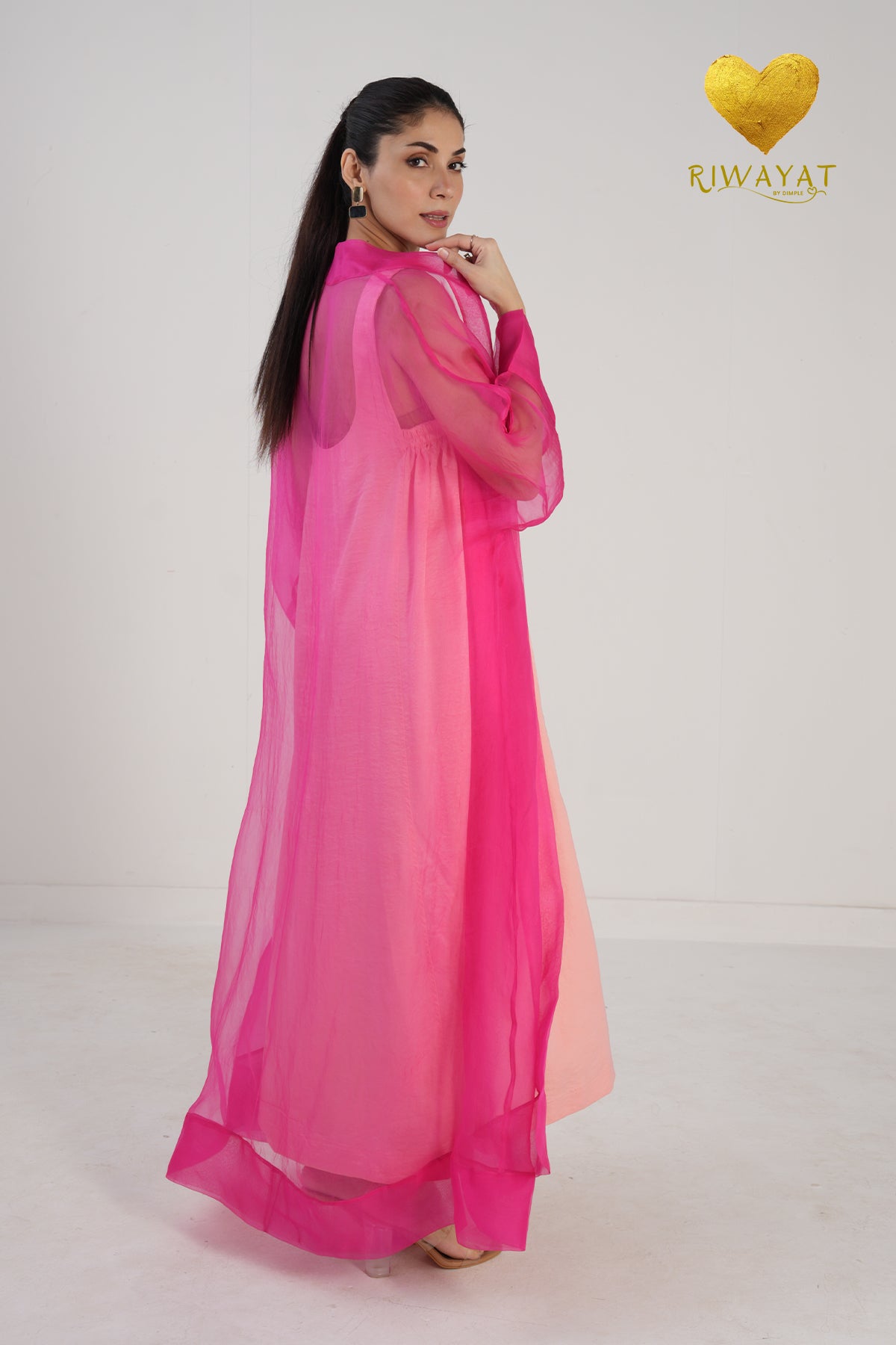 Yalla Habibi Peach Dress with Pink Sheer Jacket
