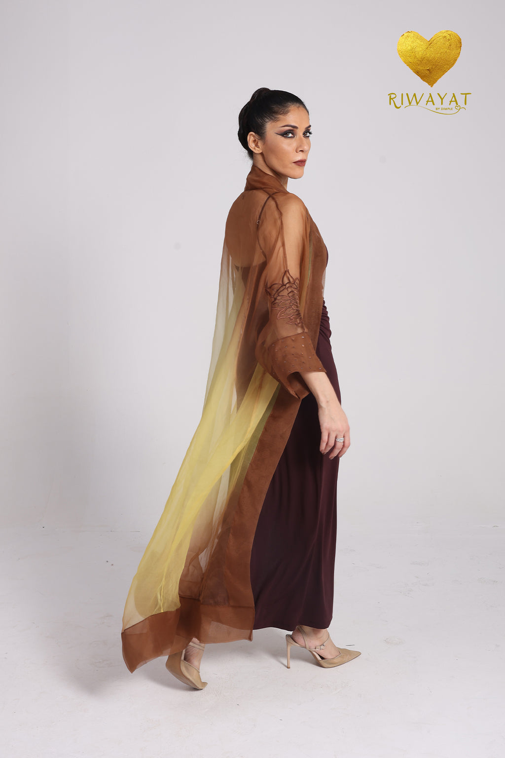 Yalla Habibi Burgundy Dress with Brown & Yellow Sheer Jacket