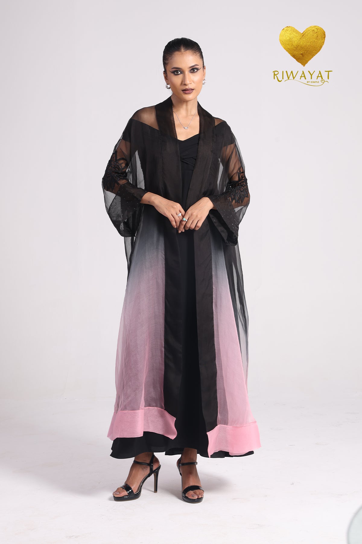 Yalla Habibi Black Dress with Pink Ombré Sheer Jacket