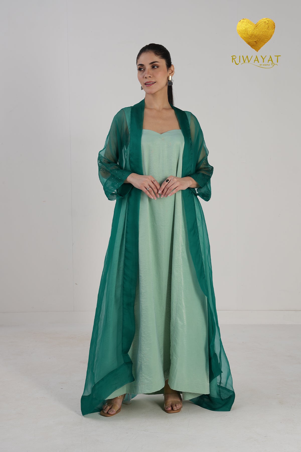 Yalla Habibi Mint Green Dress with Teal Sheer Jacket