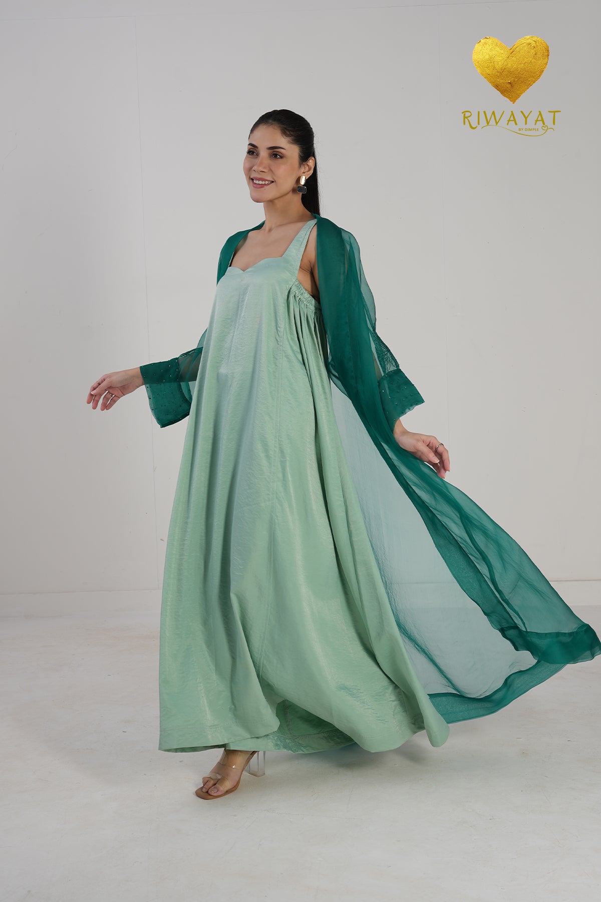 Yalla Habibi Mint Green Dress with Teal Sheer Jacket